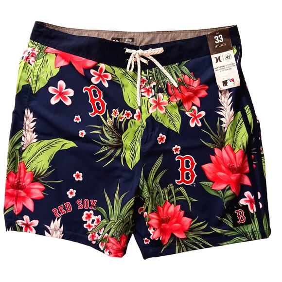 Hurley Swim Trunks MLB BOSTON RED SOXS Mens 33 BLUE Tropical Floral Board Shorts - Picture 1 of 16